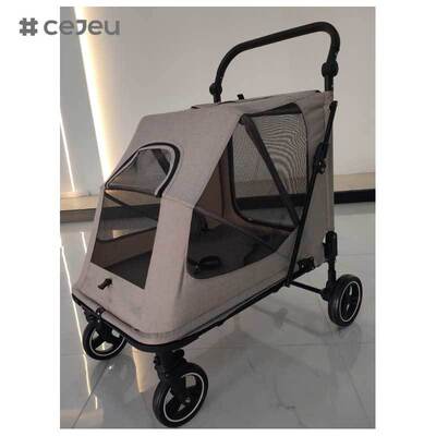 CJ-HQ-12 Grande poussette pour chien (50 kg) Cadre pliable Manches réglables Panneaux maillés respirants Conception à quatre roues suspendue