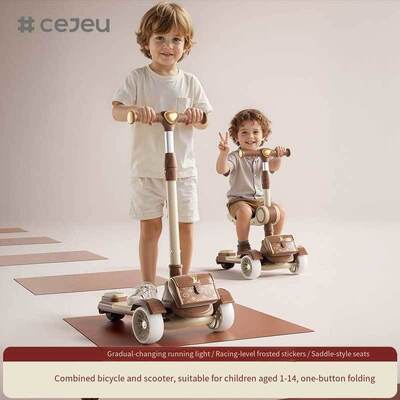 CJ-JQX-615-1 Child Seat Multifunctional 3-in-1 Steel Foldable Tricycle Scooter LED Light Plastic Wheels Height Adjustable for Kids Home