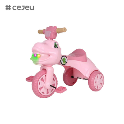 Tricycle en forme de dinosaure pour les enfants, avec musique, lumières, boîte de rangement, rose, vert, options de couleur café