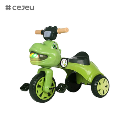 Tricycle en forme de dinosaure pour les enfants, avec musique, lumières, boîte de rangement, rose, vert, options de couleur café