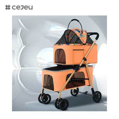 CJ-TQ-747-B Poussette légère à quatre roues pour animaux de compagnie, Double couche, Cage pliable et absorbant les chocs, transporteurs de chiots, voyage